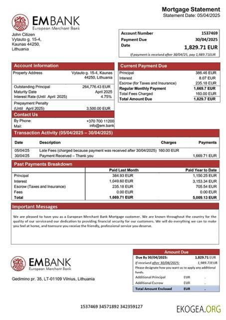 Modèle Word et PDF de relevé hypothécaire de la Banque marchande européenne de Lituanie